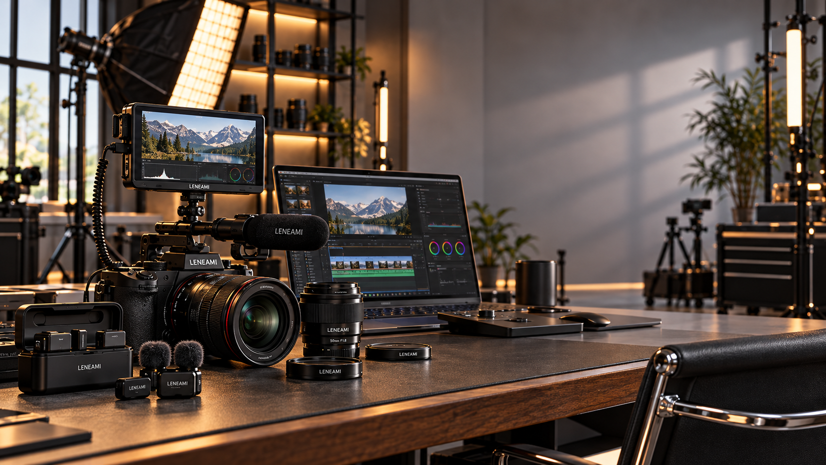 Creative editing desk with LENEAMI cameras and audio gear